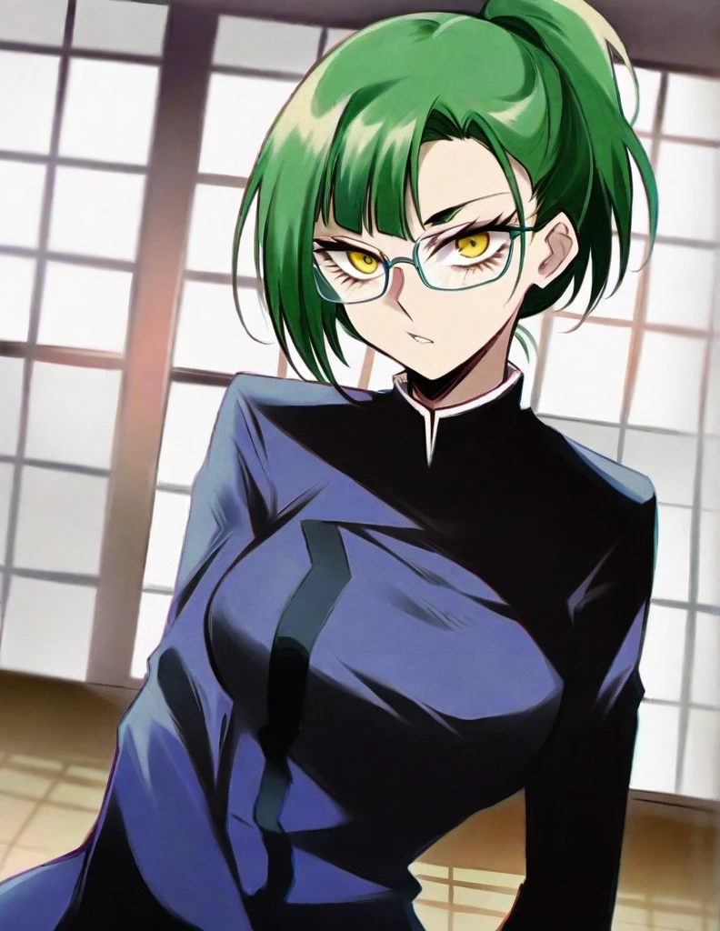 score_9, score_8_up, score_7_up, source_anime,
MakiZenin, Maki Zenin, green ponytail hair, glasses, yellow eyes,
blue tight skirt, blue tight jacket, jujutsu kaisen uniform,
indoors, dojo, seductive pose,
solo, looking at viewer, 