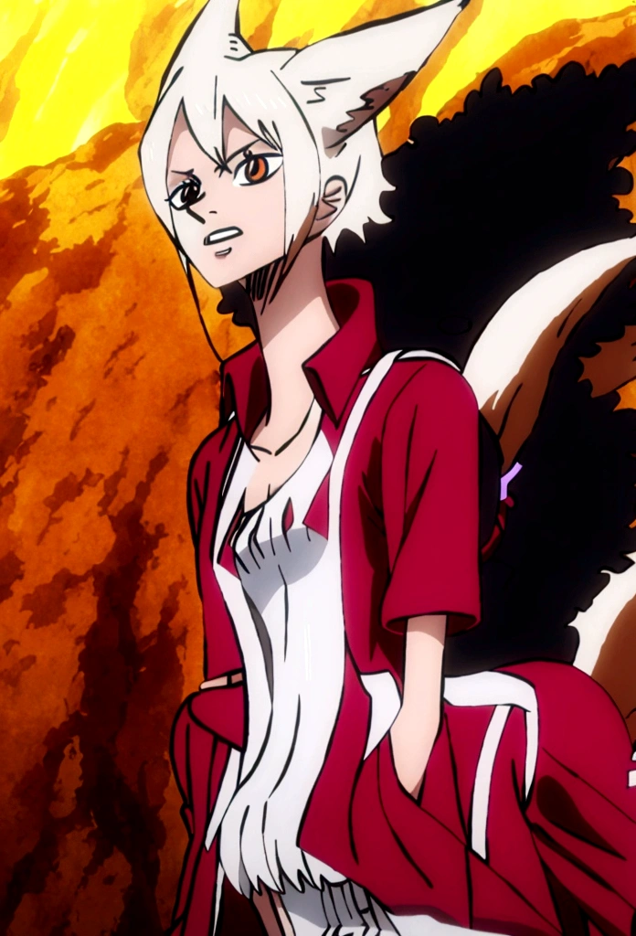 1 woman, half human, half white fox, pale skin, fox tail, fox ears, brown hair, black jacket, red shirt, adventurer's red backpack