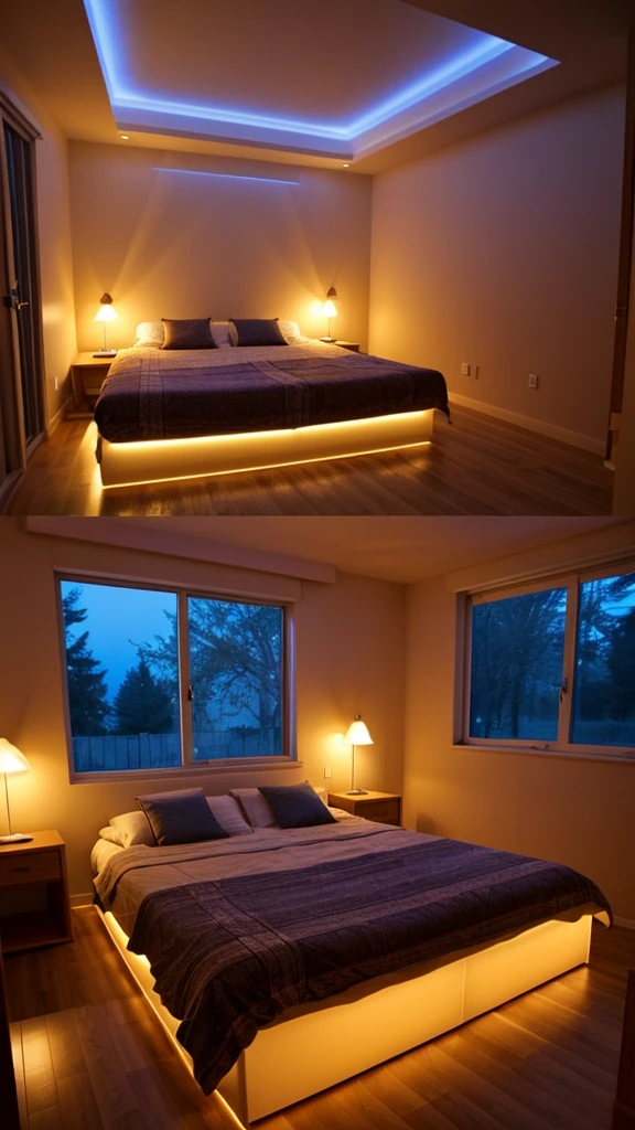 cool bedroom at night, with led strip lights