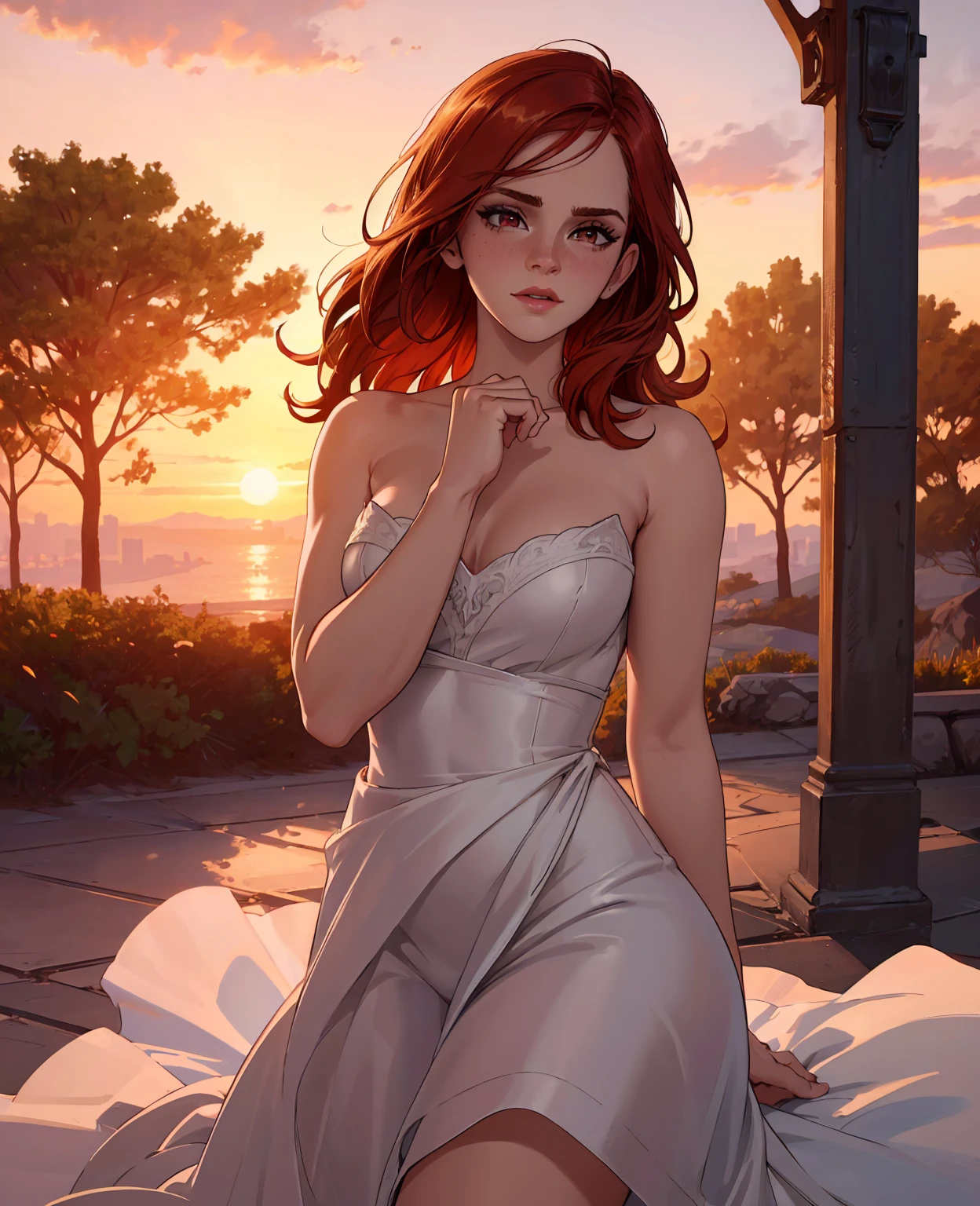 a beautiful redheaded woman, Emma Watson, posing seductively in a sunset scene, (best quality,4k,8k,highres,masterpiece:1.2),ultra-detailed,(realistic,photorealistic,photo-realistic:1.37),beautiful detailed eyes,beautiful detailed lips,extremely detailed eyes and face,longeyelashes,red hair flowing in the wind,red lips,fair skin,provocative pose,dramatic sunset lighting,golden hour lighting,warm colors,vibrant colors,cinematic lighting,detailed background scenery,dramatic shadows,depth of field,bokeh