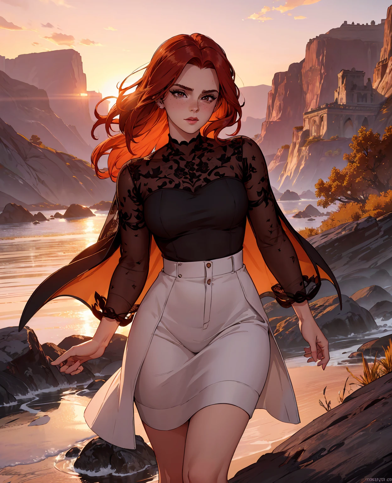 a beautiful redheaded woman, Emma Watson, posing seductively in a sunset scene, (best quality,4k,8k,highres,masterpiece:1.2),ultra-detailed,(realistic,photorealistic,photo-realistic:1.37),beautiful detailed eyes,beautiful detailed lips,extremely detailed eyes and face,longeyelashes,red hair flowing in the wind,red lips,fair skin,provocative pose,dramatic sunset lighting,golden hour lighting,warm colors,vibrant colors,cinematic lighting,detailed background scenery,dramatic shadows,depth of field,bokeh