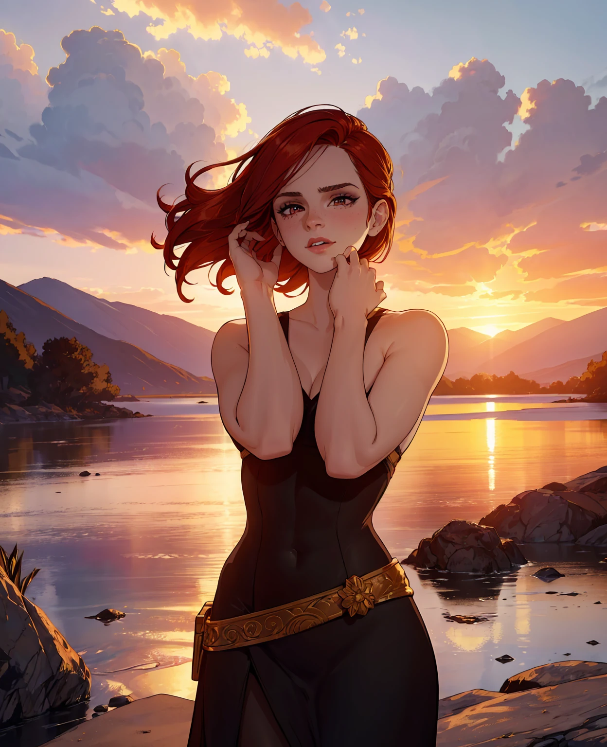 a beautiful redheaded woman, Emma Watson, posing seductively in a sunset scene, (best quality,4k,8k,highres,masterpiece:1.2),ultra-detailed,(realistic,photorealistic,photo-realistic:1.37),beautiful detailed eyes,beautiful detailed lips,extremely detailed eyes and face,longeyelashes,red hair flowing in the wind,red lips,fair skin,provocative pose,dramatic sunset lighting,golden hour lighting,warm colors,vibrant colors,cinematic lighting,detailed background scenery,dramatic shadows,depth of field,bokeh