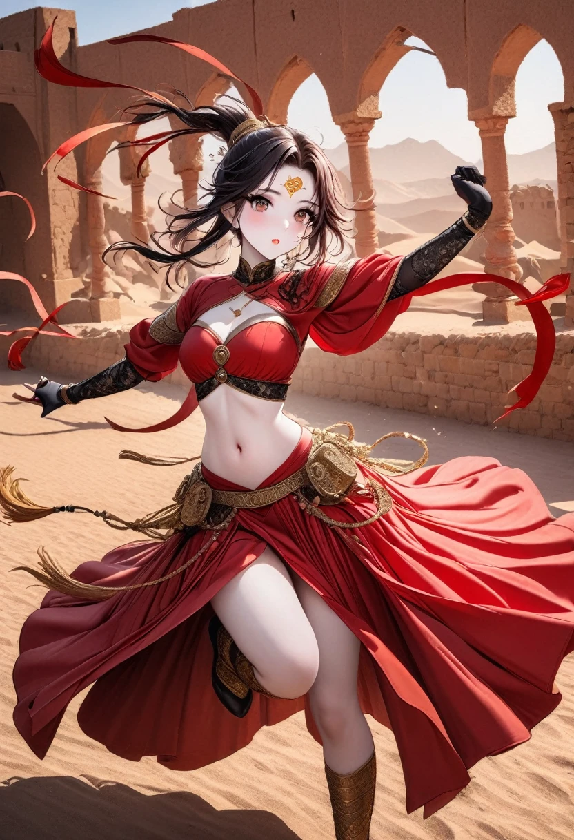(8K, RAW photos, best quality, masterpiece:1.2), (Practical, photo-Practical:1.4), (extremely detailed CG unity 8K wallpaper), (1 girl:1.5), Western Beauty, (Red clothes: 1.4), Red spots on forehead, Pale skin, blush, big eyes, whole body, thigh, navel open, Gold waist chain, Gold Jewelry, Flying ribbons, particle, The background is the ancient city of Loulan, Ancient City Wall, desert, dance, Dunhuang_skirt, Dunhuang_style,