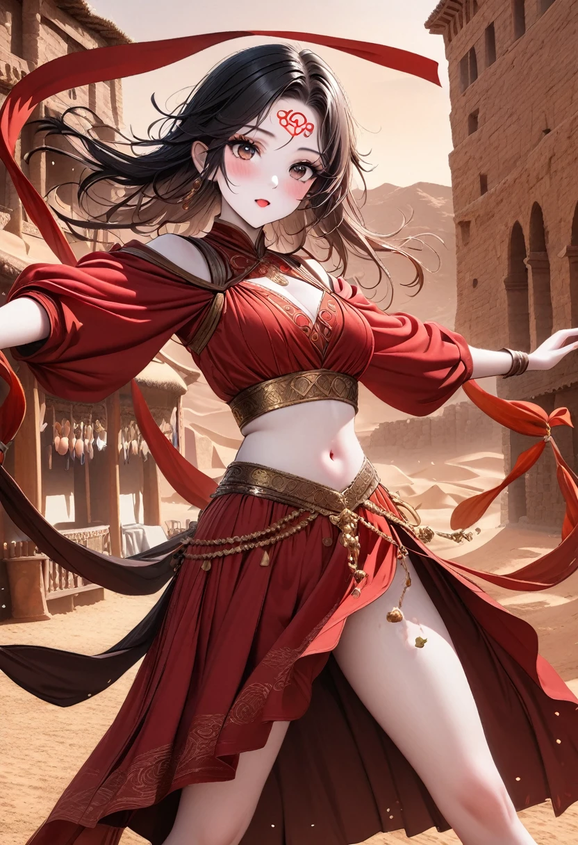 (8K, RAW photos, best quality, masterpiece:1.2), (Practical, photo-Practical:1.4), (extremely detailed CG unity 8K wallpaper), (1 girl:1.5), Western Beauty, (Red clothes: 1.4), Red spots on forehead, Pale skin, blush, big eyes, whole body, thigh, navel open, Gold waist chain, Gold Jewelry, Flying ribbons, particle, The background is the ancient city of Loulan, Ancient City Wall, desert, dance, Dunhuang_skirt, Dunhuang_style,