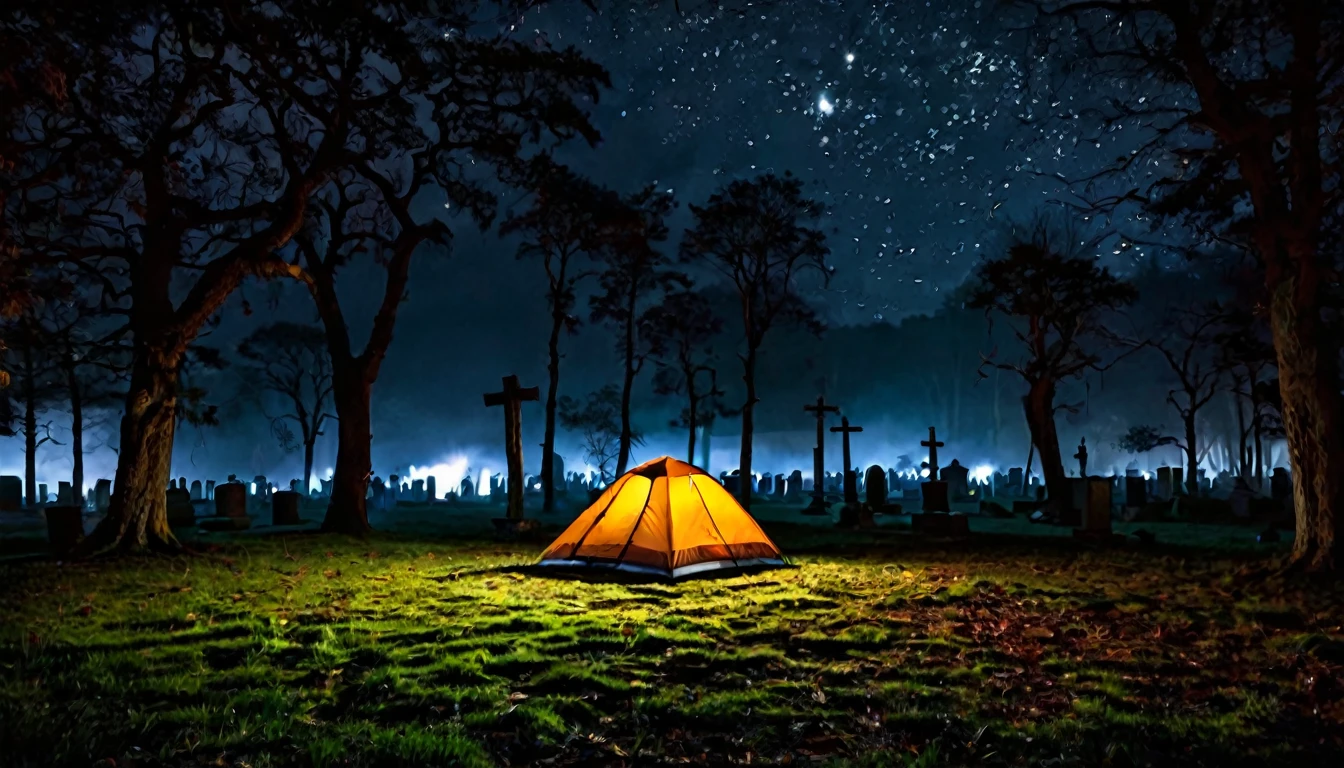 camping tent, in the middle of a sinister cemetery, dark night, horror image, macabre, scary