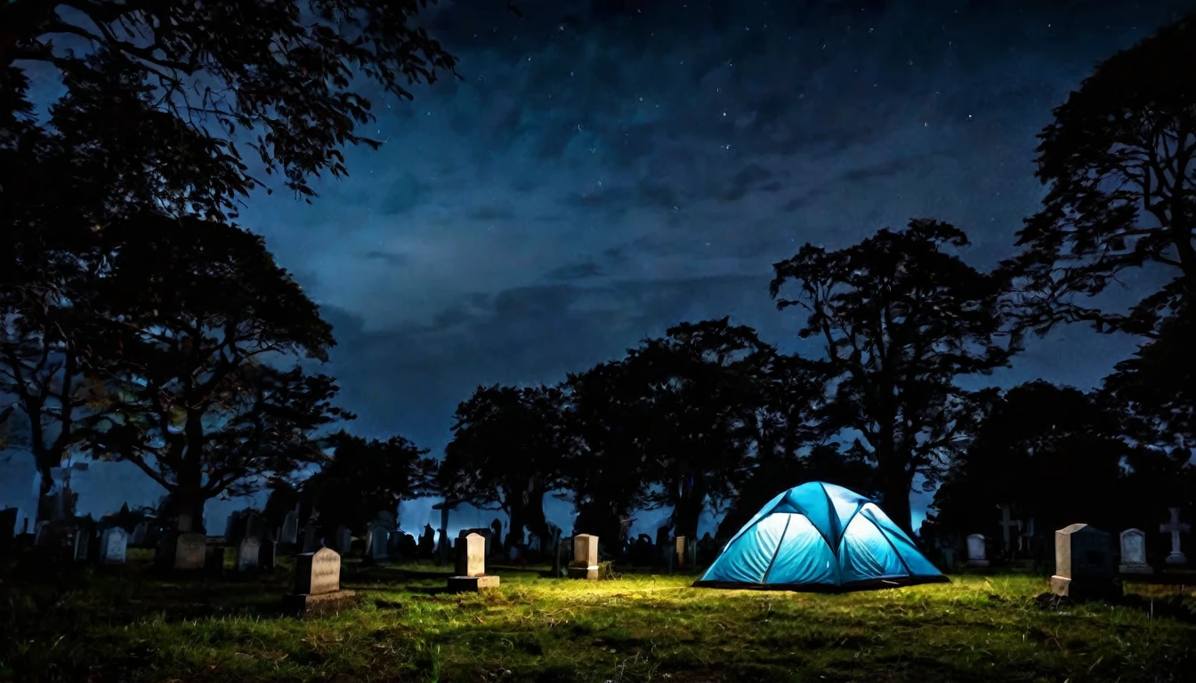 camping tent, in the middle of a sinister cemetery, dark night, horror image, macabre, scary