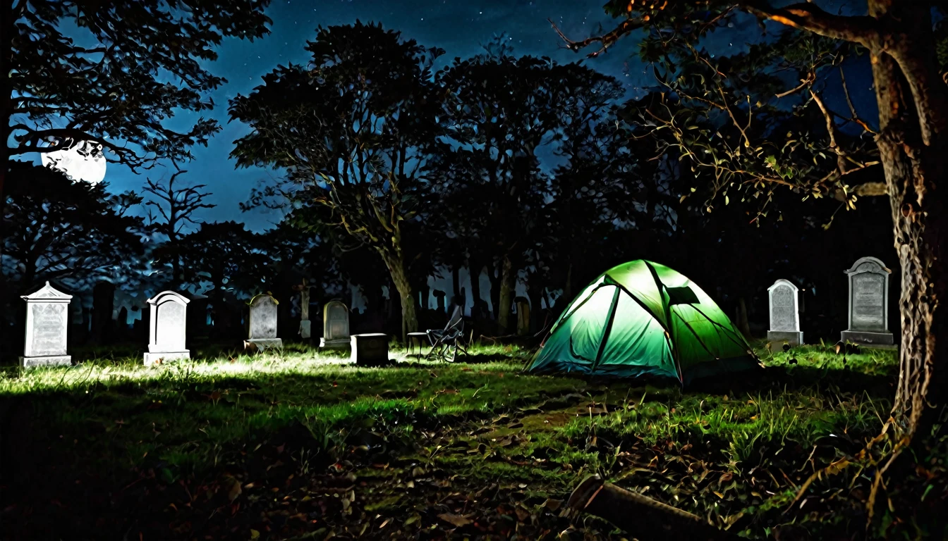camping tent, in the middle of a sinister cemetery, dark night, horror image, macabre, scary