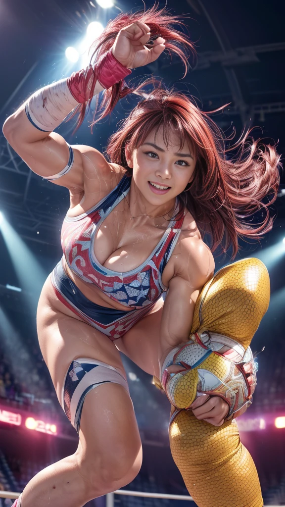 Female professional wrestler、Fighting Pose、smile、((On the Ring))、((Spotlight))、(((large stadium)))、((Super big breasts))、(Saggy breasts)、((Ultra tight uniform))、Flashy hair color、Wristband、(((A flashy costume with a bizarre pattern)))、((Elbow Support))、((Knee support))、Taping on fingers、I can see your abs、Bikini Style、Hairstyle with bangs、((Sweat))、((Match venue))、Very beautiful woman、((Female Athletes))、(Detailed face)、Realistic skin、((Delicate photo)),(Girl Masterpiece RAW Photo Details:1.25), (Highest quality:1.6), (Ultra-high resolution:1.5), (Realistic:1.75), 8K resolution, Canon EOS R5, 50mm, Absurd, Ultra-detailed,Cinema Lighting、