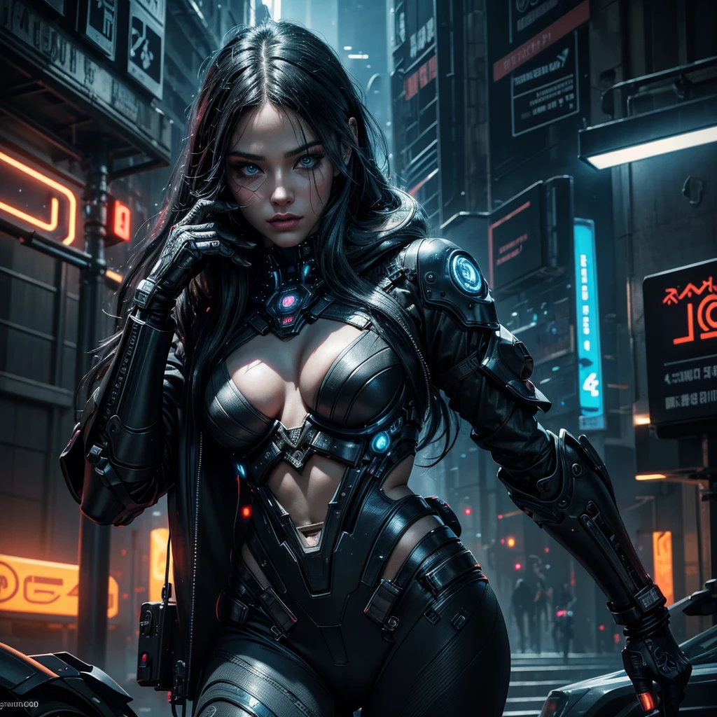 A sexy tattooed cyber girl, beautiful detailed eyes,beautiful detailed lips,extremely detailed eyes and face,longeyelashes, wearing technological tools, in a futuristic planetary colony, surrounded by sinister and disturbing cyborgs, (best quality,4k,8k,highres,masterpiece:1.2),ultra-detailed,(realistic,photorealistic,photo-realistic:1.37),concept art, cyberpunk, dystopian, dark, dramatic lighting,moody atmosphere,vibrant colors,neon lights,cinematic,hyperrealistic,intricate details,advanced technology