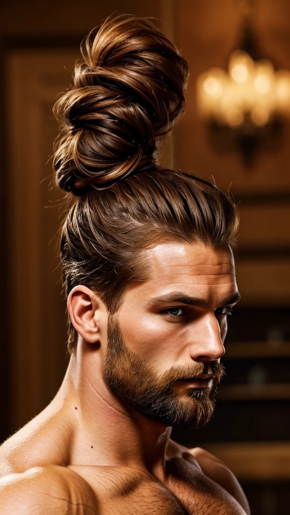 Fantasy story man, tall, very handsome, brown eyes, auburn hair pulled back into a messy bun on the top of the head. auburn beard. Muscular.
