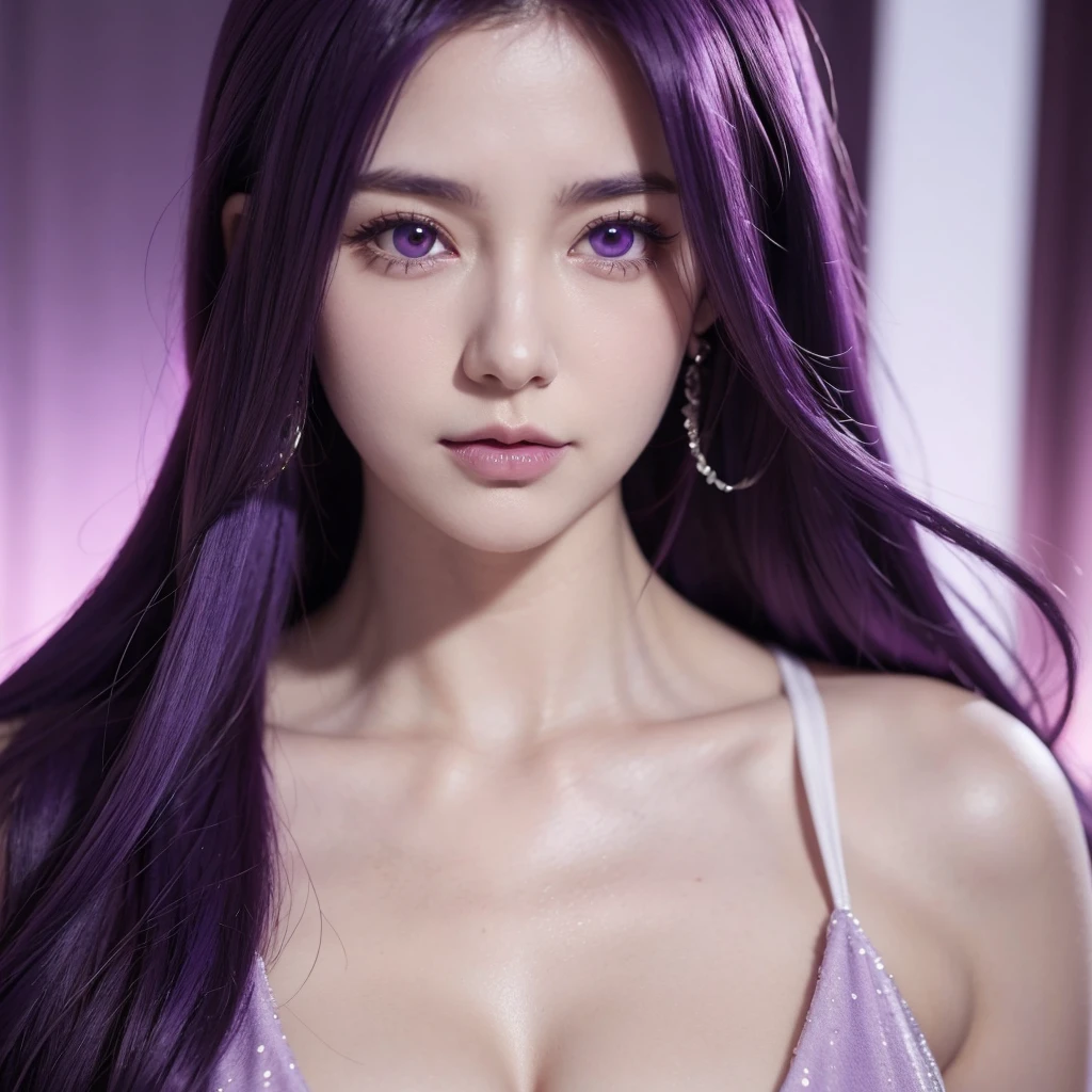 a close up of a person with purple hair, in an anime style, anime style like fate/stay night, she has purple hair, high quality, purple eyes and white dress, fantasy world, huge breasts, cleavage. ((She is shaking her breasts))