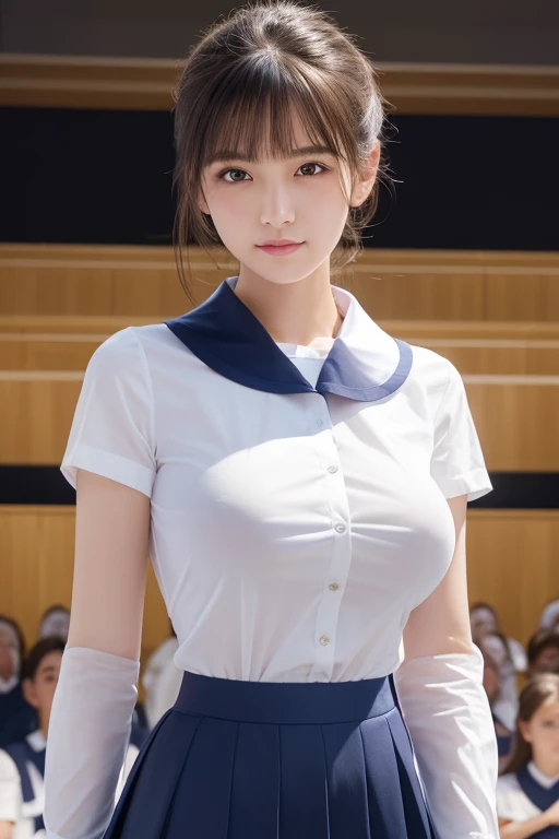 ((Highest quality)), Realistic, Photorealism, Realistic, High resolution, beautiful, high school girl, White skin, (Detailed face), (White shirt with collar,Navy blue flared skirt),(Huge breasts:1.2), Highest quality, 超High resolution, (Realistic:1.4),ponytail (Black Hair:1),Big breasts hidden under the shirt,Staring at the audience,Beautiful delicate eyes,A soft smile