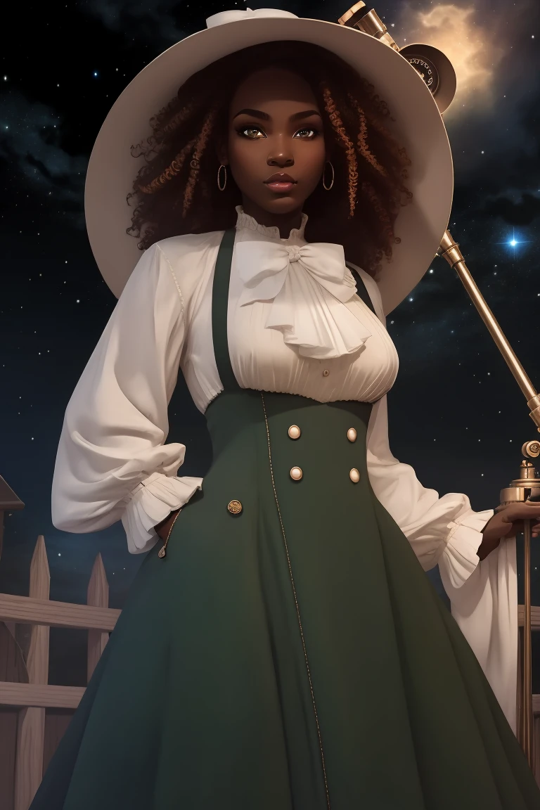 masterpiece, absurdres, 1girl, cowboyshot, tachi-e, mature woman, best aesthetics, medium breasts, wide hips, thick thighs, dark hair, curly hair, textured hair, hip-length hair, narrow eyes, dark skin, ankle-length dress, arched nose, soft shading, very detailed face, clean lines, dynamic pose, anatomically correct, hyperdetailed, beautiful lighting, dark atmosphere, dark eyeshadow, good makeup, detailed hair, green eyes, sparkling eyes, telescope, magic, fantasy, medieval, high fantasy, black stockings, comfy, cozy, tareme, medium chest, SFW, long dress, arms behind back, outdoors, constellations in sky, stargazing, african-american