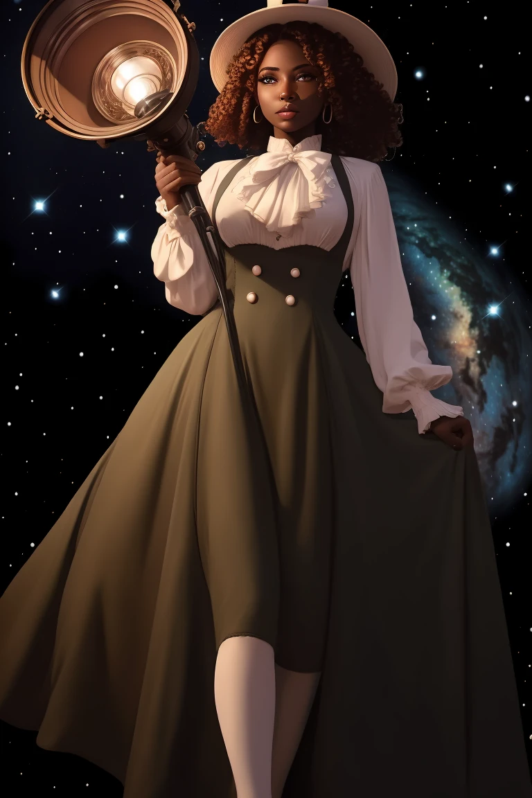masterpiece, absurdres, 1girl, cowboyshot, tachi-e, mature woman, best aesthetics, medium breasts, wide hips, thick thighs, dark hair, curly hair, textured hair, hip-length hair, narrow eyes, dark skin, ankle-length dress, arched nose, soft shading, very detailed face, clean lines, dynamic pose, anatomically correct, hyperdetailed, beautiful lighting, dark atmosphere, dark eyeshadow, good makeup, detailed hair, green eyes, sparkling eyes, telescope, magic, fantasy, medieval, high fantasy, black stockings, comfy, cozy, tareme, medium chest, SFW, long dress, arms behind back, outdoors, constellations in sky, stargazing, african-american