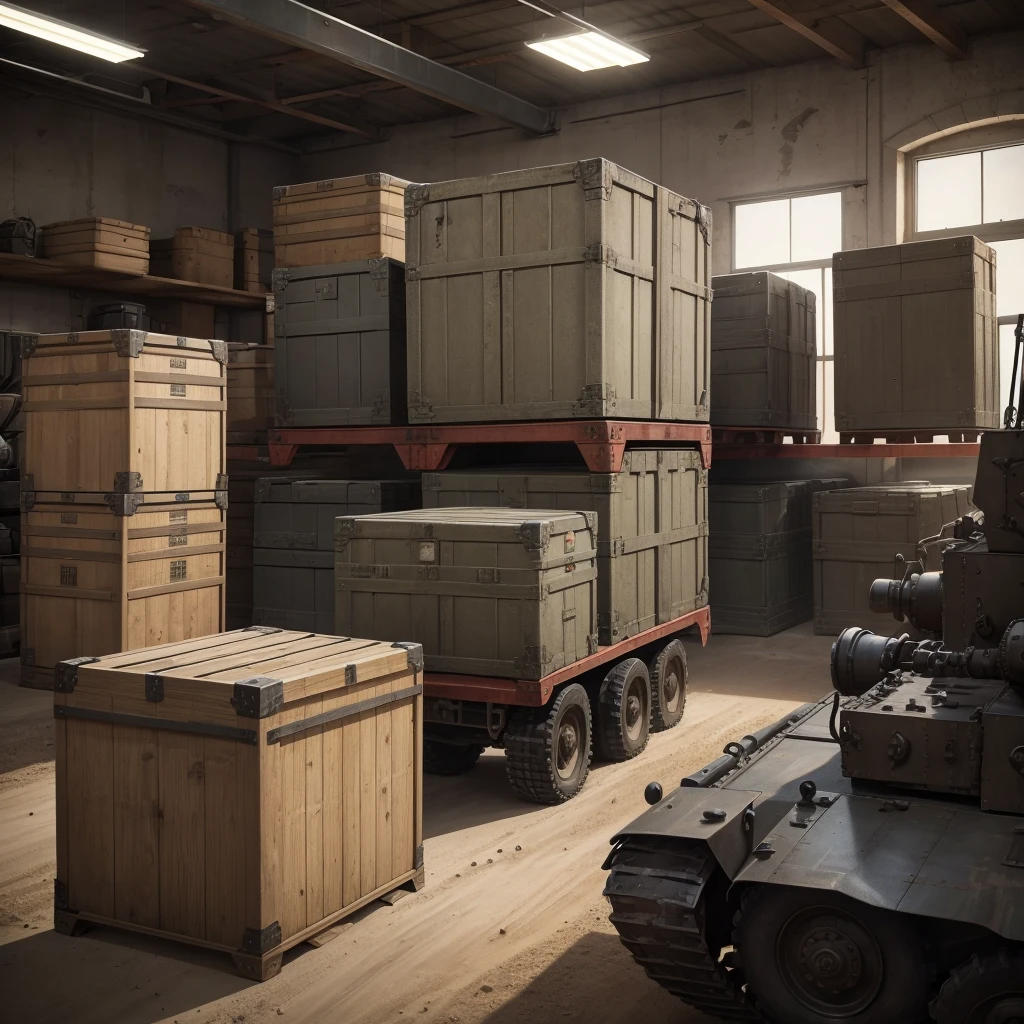 armory with military crates and equipment, there is a truck with mounted gatling, no people, only artificial light,