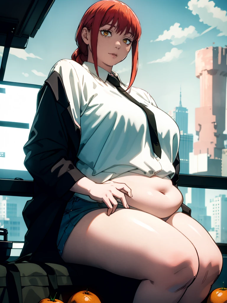 Le personnage Makima de la série animée Chainsaw Man, fragile, obésité morbide, ssbbw, pleine longueur (corps entier 1.1.), fond sombre, obscurité, anatomie correcte 1.1, anatomie correcte de la main, Très féminin, corps gras et rond, grosses Jambes, fesses, beau corps obèse, ventre rond et mou très gras, cheveux roux, Yeux oranges, Cercles rouges pour les écoliers, chemise blanche, jupe noire, cravate noire, pose sexy, réaliste, very détaillé, beau corps, détaillé body, détaillé hands, détaillé, vibrant, détaillé Face, Conception des personnages de Makima. very détaillé, détaillé body, détaillé hands, détaillé Face, Art animé, Hugh Détails, Visage très abattu, détaillé eyes, Illustration ultra fine, Meilleure ombre, détail fin, beautiful détaillé glow, beautiful détaillé, Extraordinairement beau, extremely détaillé, inexpressif, composition épique, Style animé. art animé, Style animé. Jupe noire, chemise blanche, cravatte, pose sexy