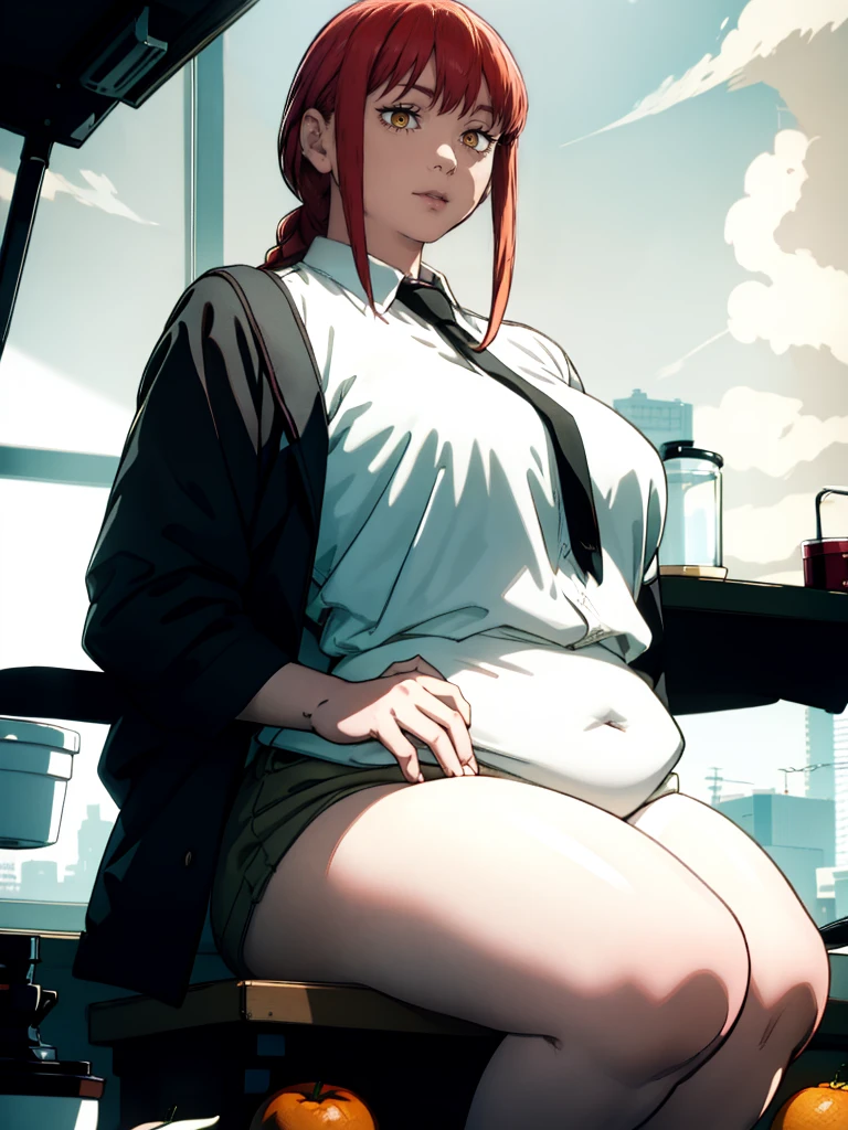 Le personnage Makima de la série animée Chainsaw Man, fragile, obésité morbide, ssbbw, pleine longueur (corps entier 1.1.), fond sombre, obscurité, anatomie correcte 1.1, anatomie correcte de la main, Très féminin, corps gras et rond, grosses Jambes, fesses, beau corps obèse, ventre rond et mou très gras, cheveux roux, Yeux oranges, Cercles rouges pour les écoliers, chemise blanche, jupe noire, cravate noire, pose sexy, réaliste, very détaillé, beau corps, détaillé body, détaillé hands, détaillé, vibrant, détaillé Face, Conception des personnages de Makima. very détaillé, détaillé body, détaillé hands, détaillé Face, Art animé, Hugh Détails, Visage très abattu, détaillé eyes, Illustration ultra fine, Meilleure ombre, détail fin, beautiful détaillé glow, beautiful détaillé, Extraordinairement beau, extremely détaillé, inexpressif, composition épique, Style animé. art animé, Style animé. Jupe noire, chemise blanche, cravatte, pose sexy