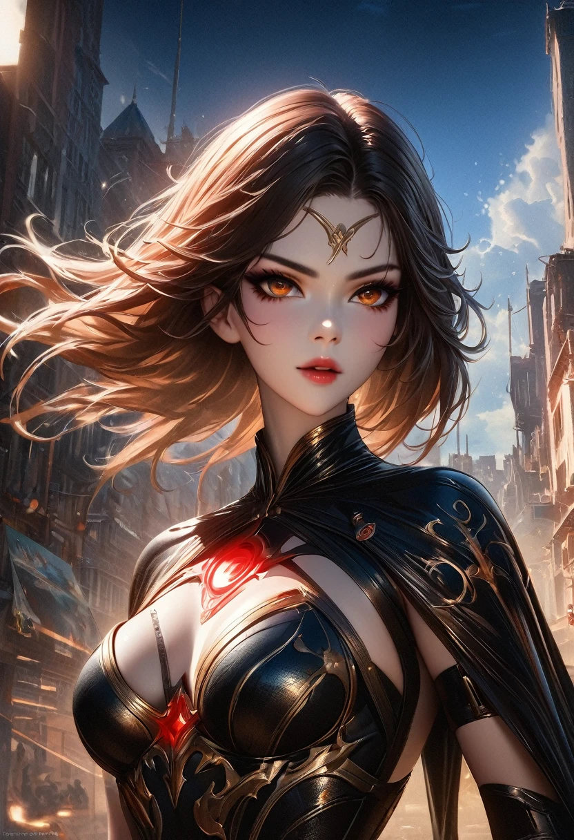 1girl, detailed face, beautiful detailed eyes, beautiful detailed lips, extremely detailed face and eyes, long eyelashes, red eyes, fire witch, blood on face, flying hair, cleavage, light particles, lightning rays, colorful, high contrast, vampire, smirk, evil smile, psychopathic smirk, psychopathic smile, tilted head, dark fantasy, dramatic lighting, supernatural, moody, cinematic, vibrant colors, volumetric lighting, dramatic atmosphere, intricate details, masterpiece, best quality, 8k, high resolution, hyper detailed, photorealistic