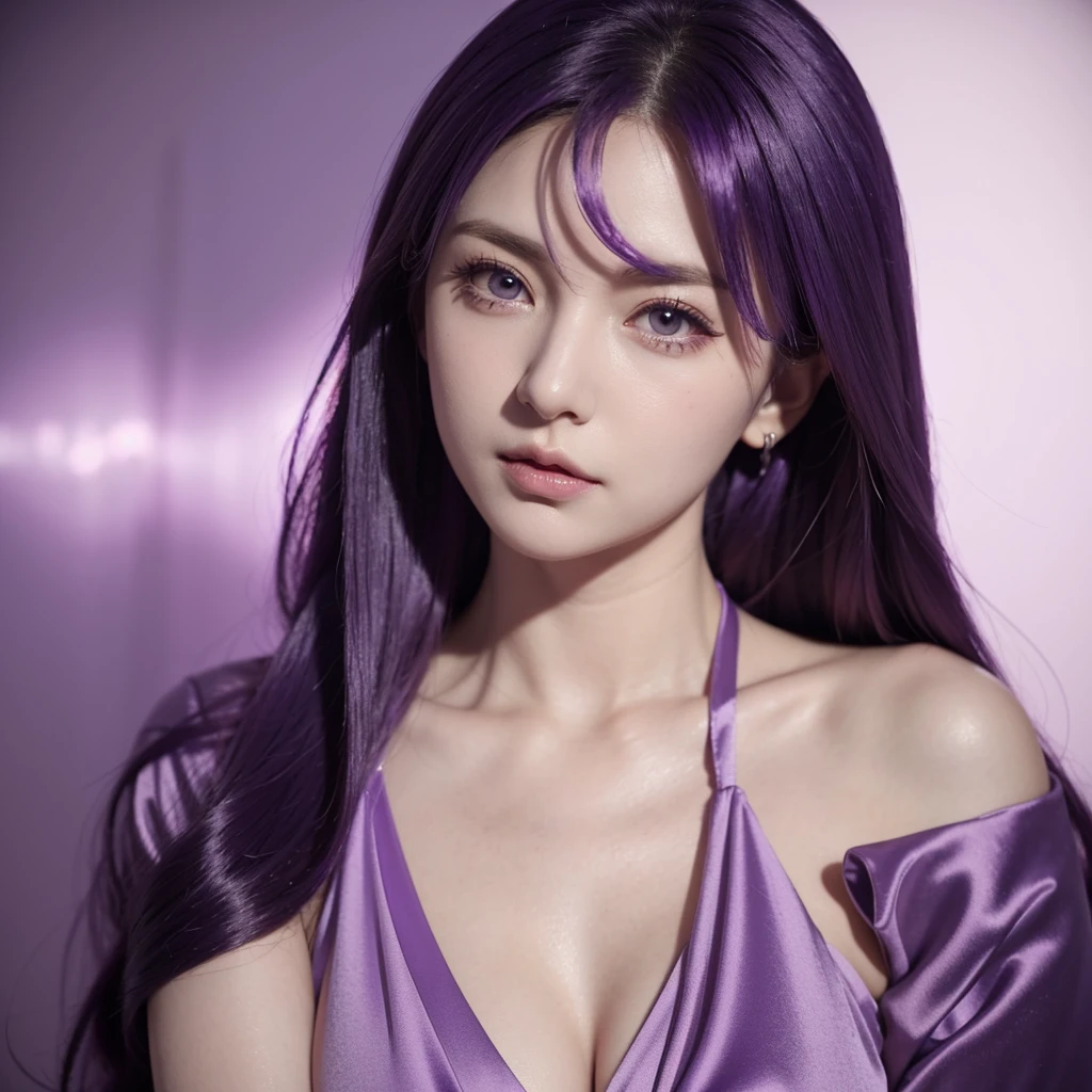 a close up of a person with purple hair, in an anime style, anime style like fate/stay night, she has purple hair, high quality, purple eyes and white dress, fantasy world, huge breasts, cleavage. ((She is shaking her breasts))