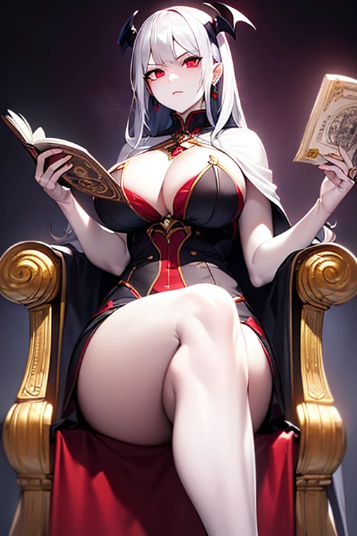 masterpiece, extra limbs, 1vampire lady, 250 years old,((light silver extra long hair)), slant blank ruby red eyes, big breasts, curvy,(pale white finely detailed skin), (serious),(((clothed Necromancer))),hair ornaments,earrings,cape,Grimoire,crossed legs,sitting on throne,old castle,midnight 