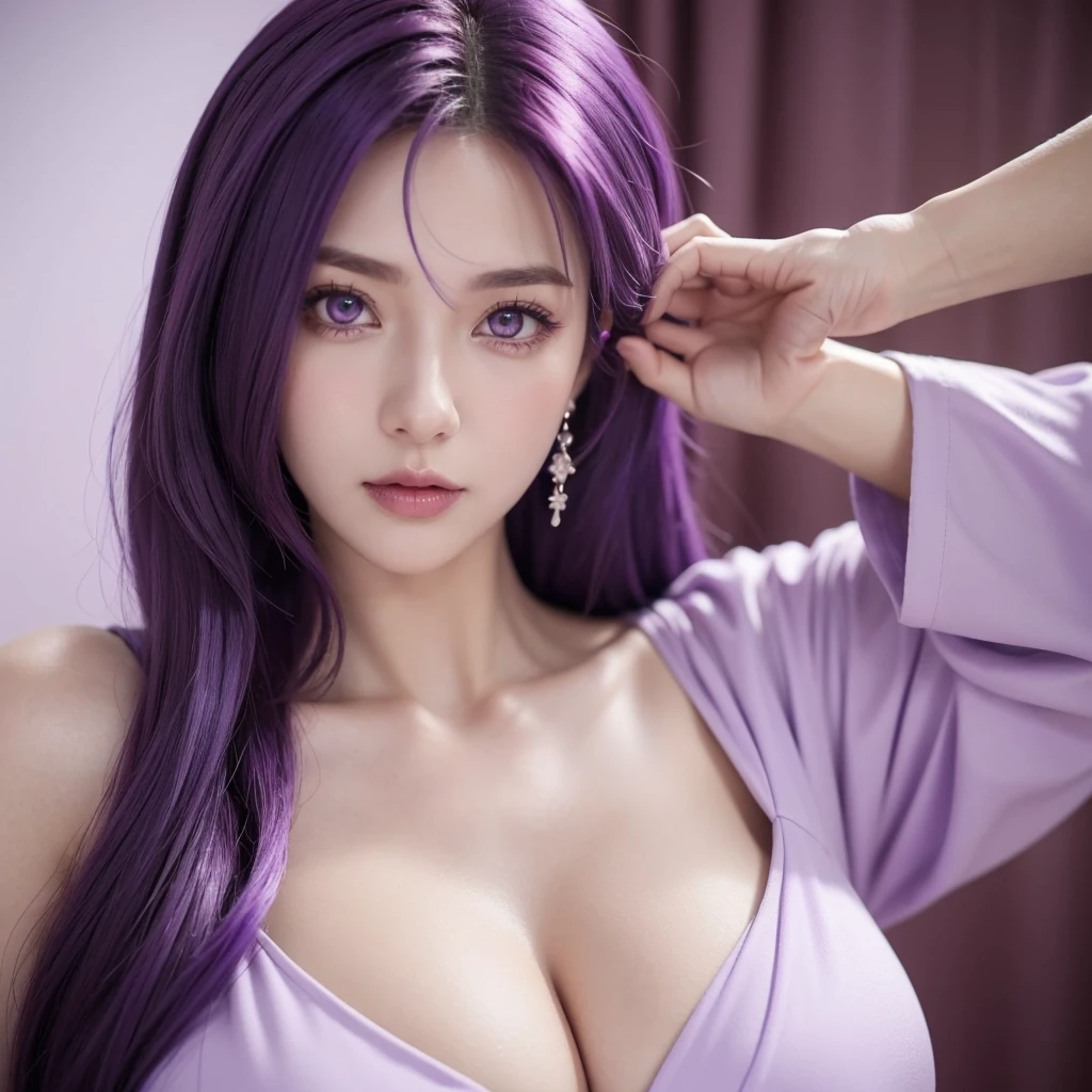 a close up of a person with purple hair, in an anime style, anime style like fate/stay night, she has purple hair, high quality, purple eyes and white dress, fantasy world, huge breasts, cleavage. ((She is shaking her breasts))