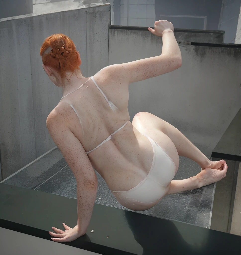 the most beautiful woman ever viewed from behind, this white redhead woman with freckled skin named Lagertha, ((( extremely pale bright, bright skin ))), ((( short orange hair arranged in a top bun ))), lovely, beautiful naked butt, freckles, perfect realistic female naked round ass, perfect naked snub ass, white background, ((( very intense bright lighting directly in her entire body, making her skin look paler ))), ((( pinkish skin ))), ((( curvy female body ))), ((( very clean pale skin ))), ((( fully naked ))), ((( fully freckled ))), ((( freckles all over her body ))), ((( female back)))
