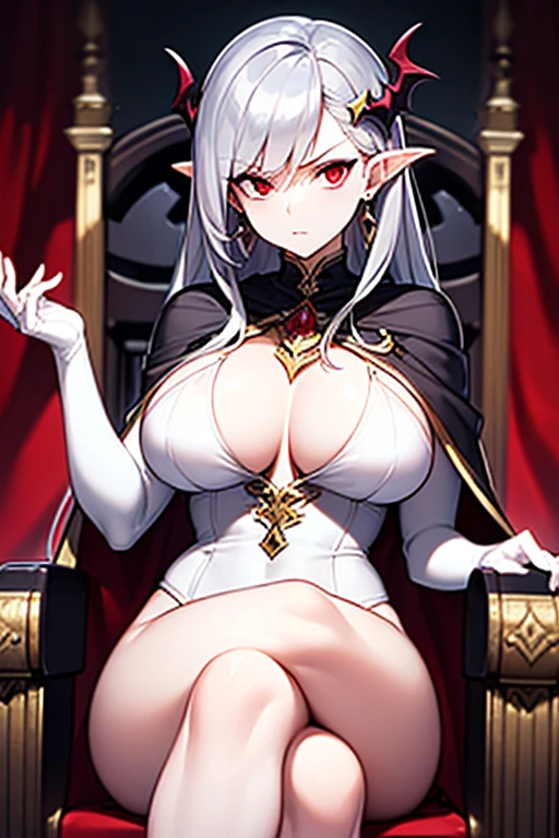 masterpiece, extra limbs, 1vampire lady, 250 years old,((light silver extra long hair)), slant blank ruby red eyes, big breasts, curvy,(pale white finely detailed skin), (serious),(((clothed Necromancer))),hair ornaments,earrings,cape,Grimoire,crossed legs,sitting on throne,old castle,midnight