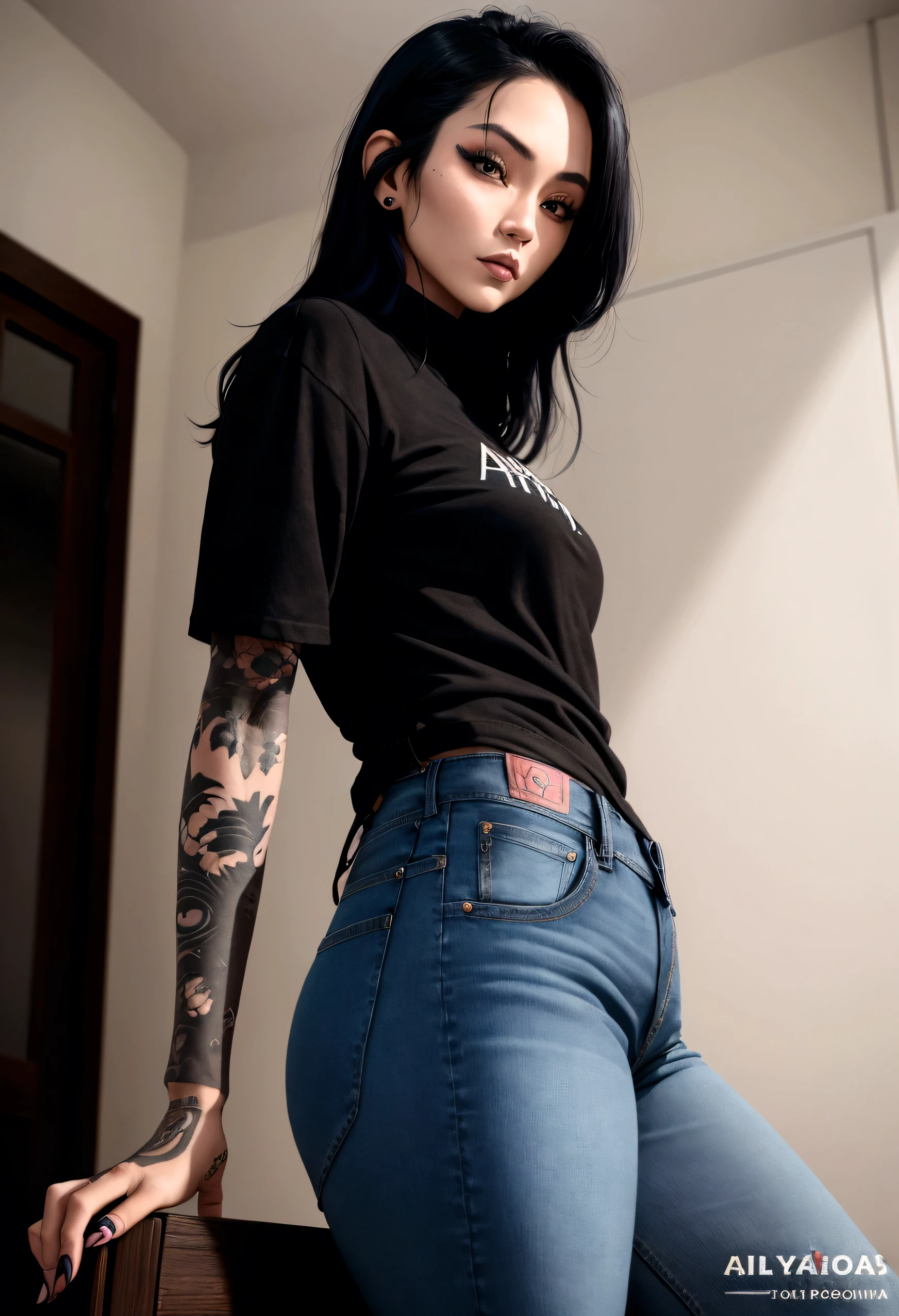 arafed woman with tattoos posing for a picture in a room, Tattoo sleeve on her right arm, wearing a dark shirt and jeans, with tattoos, wearing a shirt and jeans, 2 4 year old female model, Jeans und T-Shirt, Close-up of a skinny, colored, of taiwanese girl with tattoos, taken with the Sony A7R camera, Wear jeans