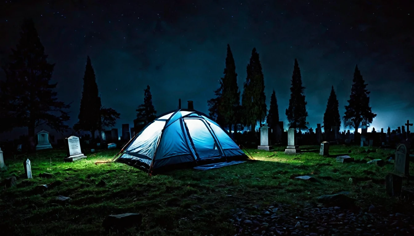 camping tent, in the middle of a sinister cemetery, dark night, horror image, macabre, scary