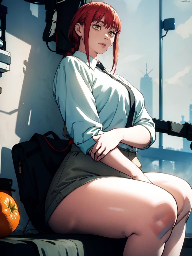 Le personnage Makima de la série animée Chainsaw Man, fragile, obésité morbide, ssbbw, pleine longueur (corps entier 1.1.), fond sombre, obscurité, anatomie correcte 1.1, anatomie correcte de la main, Très féminin, corps gras et rond, grosses Jambes, fesses, beau corps obèse, ventre rond et mou très gras, cheveux roux, Yeux oranges, Cercles rouges pour les écoliers, chemise blanche, jupe noire, cravate noire, pose sexy, réaliste, very détaillé, beau corps, détaillé body, détaillé hands, détaillé, vibrant, détaillé Face, Conception des personnages de Makima. very détaillé, détaillé body, détaillé hands, détaillé Face, Art animé, Hugh Détails, Visage très abattu, détaillé eyes, Illustration ultra fine, Meilleure ombre, détail fin, beautiful détaillé glow, beautiful détaillé, Extraordinairement beau, extremely détaillé, inexpressif, composition épique, Style animé. art animé, Style animé. Jupe noire, chemise blanche, cravatte, pose sexy