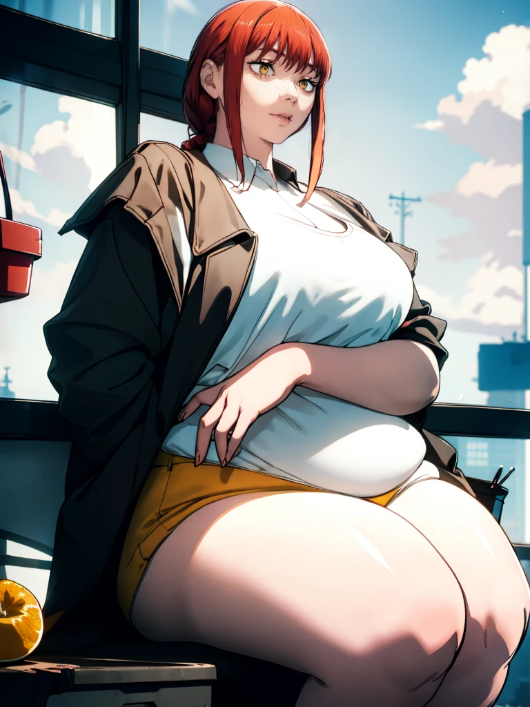 Le personnage Makima de la série animée Chainsaw Man, fragile, obésité morbide, ssbbw, pleine longueur (corps entier 1.1.), fond sombre, obscurité, anatomie correcte 1.1, anatomie correcte de la main, Très féminin, corps gras et rond, grosses Jambes, fesses, beau corps obèse, ventre rond et mou très gras, cheveux roux, Yeux oranges, Cercles rouges pour les écoliers, chemise blanche, jupe noire, cravate noire, pose sexy, réaliste, very détaillé, beau corps, détaillé body, détaillé hands, détaillé, vibrant, détaillé Face, Conception des personnages de Makima. very détaillé, détaillé body, détaillé hands, détaillé Face, Art animé, Hugh Détails, Visage très abattu, détaillé eyes, Illustration ultra fine, Meilleure ombre, détail fin, beautiful détaillé glow, beautiful détaillé, Extraordinairement beau, extremely détaillé, inexpressif, composition épique, Style animé. art animé, Style animé. Jupe noire, chemise blanche, cravatte, pose sexy