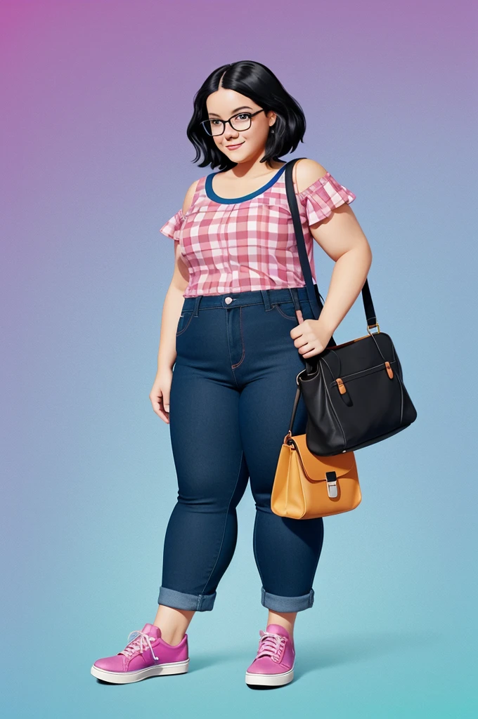 Create a Disney Pixar-like digital illustration of a preschool teacher who has straight black shoulder-length hair., with glasses Somewhat chubby, with a pink flannel and blue jeans, black shoes and a bag with drawings in her hand