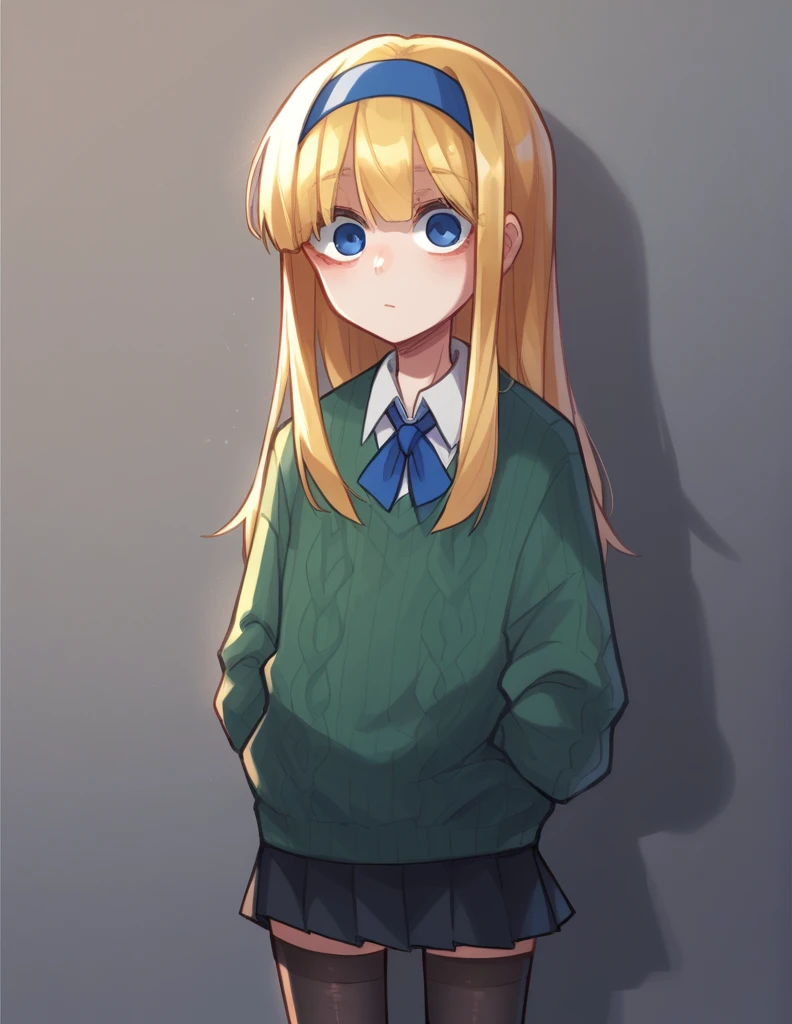 1 girl, alone, looking at the viewer, buttock, blond hair, long hair, hair band, Dress shirt, grey skirt, black stockings, straight bangs, blue tie, blue eyes,
pantimedias, pantiblack stockings, Mini Skirt, Mini Skirt negra, black skirt, wide sweater, Green sweater, dark green wide sweater, Bun, blue Monkey,