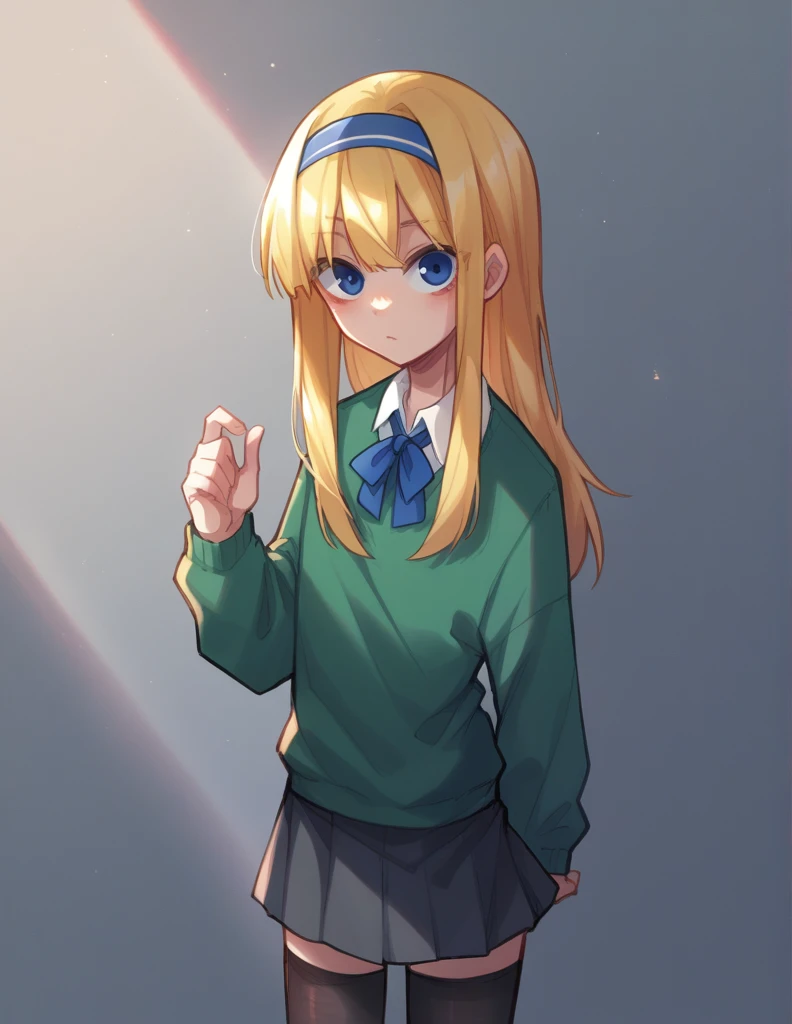 1 girl, alone, looking at the viewer, buttock, blond hair, long hair, hair band, Dress shirt, grey skirt, black stockings, straight bangs, blue tie, blue eyes,
pantimedias, pantiblack stockings, Mini Skirt, Mini Skirt negra, black skirt, wide sweater, Green sweater, dark green wide sweater, Bun, blue Monkey,