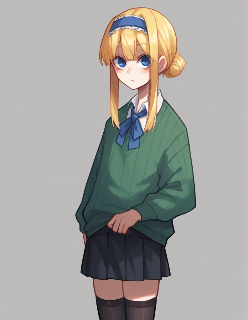 1 girl, alone, looking at the viewer, buttock, blond hair, long hair, hair band, Dress shirt, grey skirt, black stockings, straight bangs, blue tie, blue eyes,
pantimedias, pantiblack stockings, Mini Skirt, Mini Skirt negra, black skirt, wide sweater, Green sweater, dark green wide sweater, Bun, blue Monkey,