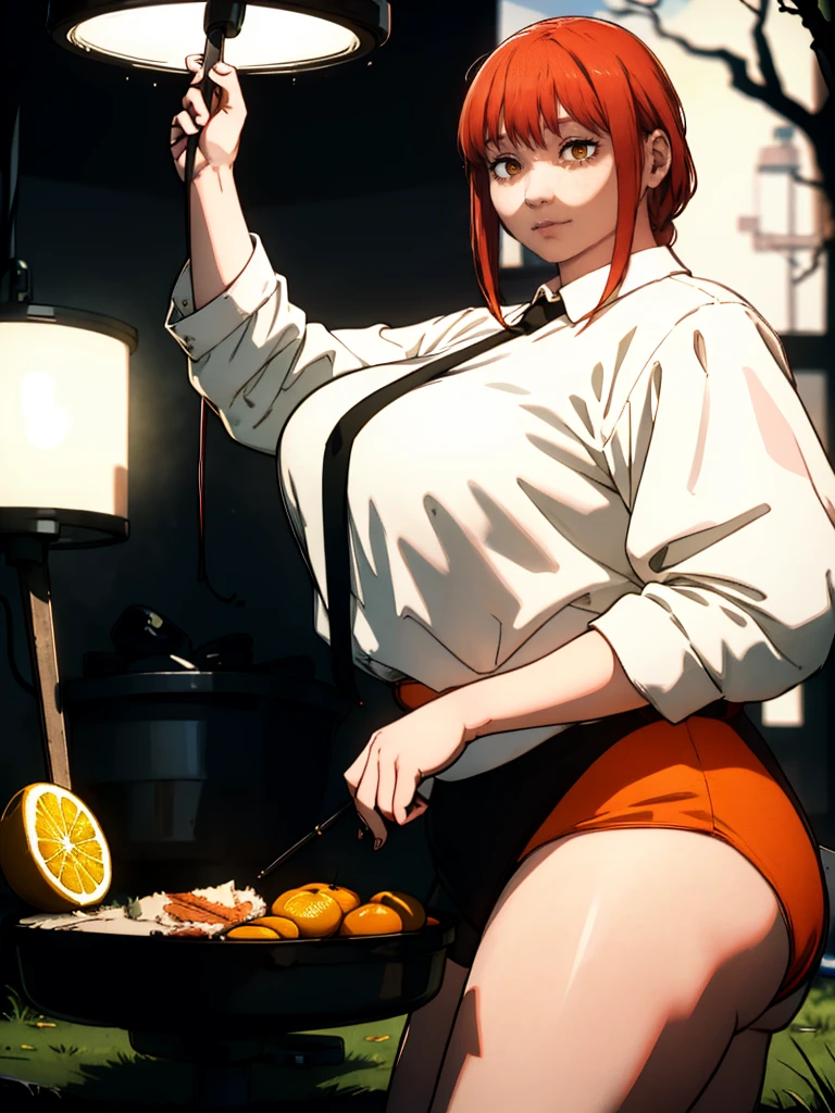 Le personnage Makima de la série animée Chainsaw Man, fragile, obésité morbide, ssbbw, pleine longueur (corps entier 1.1.), fond sombre, obscurité, anatomie correcte 1.1, anatomie correcte de la main, Très féminin, corps gras et rond, grosses Jambes, fesses, beau corps obèse, ventre rond et mou très gras, ventre énorme et gras, tres grosse, obésité, cheveux roux, Yeux oranges, Cercles rouges pour les écoliers, chemise blanche, jupe noire, cravate noire, pose sexy, réaliste, very détaillé, beau corps, détaillé body, détaillé hands, détaillé, vibrant, détaillé Face, Conception des personnages de Makima. very détaillé, détaillé body, détaillé hands, détaillé Face, Art animé, Hugh Détails, Visage très abattu, détaillé eyes, Illustration ultra fine, Meilleure ombre, détail fin, beautiful détaillé glow, beautiful détaillé, Extraordinairement beau, extremely détaillé, inexpressif, composition épique, Style animé. art animé, Style animé. Jupe noire, chemise blanche, cravatte, pose sexy