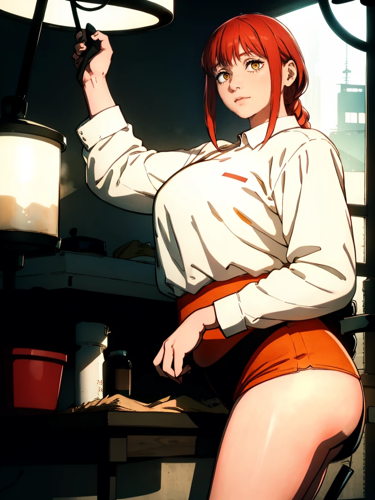 Le personnage Makima de la série animée Chainsaw Man, fragile, obésité morbide, ssbbw, pleine longueur (corps entier 1.1.), fond sombre, obscurité, anatomie correcte 1.1, anatomie correcte de la main, Très féminin, corps gras et rond, grosses Jambes, fesses, beau corps obèse, ventre rond et mou très gras, ventre énorme et gras, tres grosse, obésité, cheveux roux, Yeux oranges, Cercles rouges pour les écoliers, chemise blanche, jupe noire, cravate noire, pose sexy, réaliste, very détaillé, beau corps, détaillé body, détaillé hands, détaillé, vibrant, détaillé Face, Conception des personnages de Makima. very détaillé, détaillé body, détaillé hands, détaillé Face, Art animé, Hugh Détails, Visage très abattu, détaillé eyes, Illustration ultra fine, Meilleure ombre, détail fin, beautiful détaillé glow, beautiful détaillé, Extraordinairement beau, extremely détaillé, inexpressif, composition épique, Style animé. art animé, Style animé. Jupe noire, chemise blanche, cravatte, pose sexy