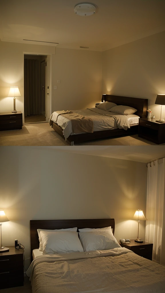 cool bedroom at night, white modern look. with LED strip lights, single image