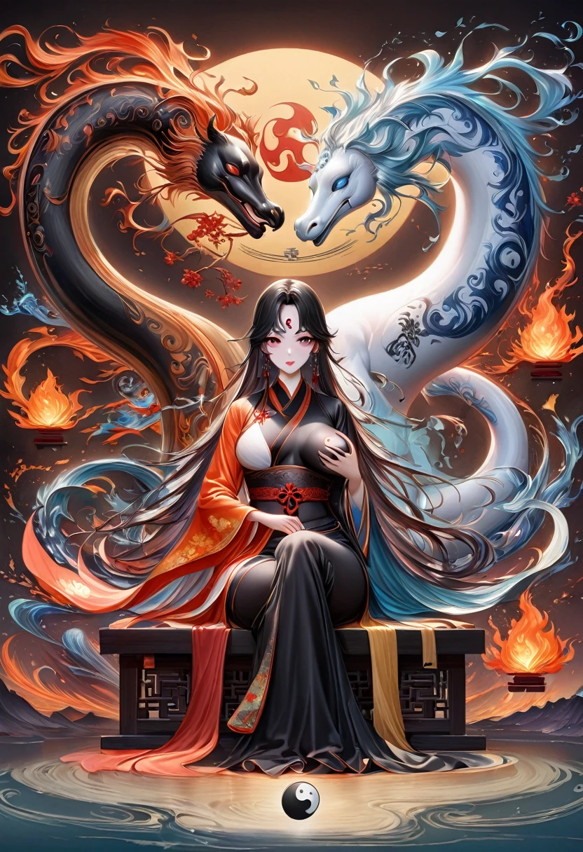 (, balance, yin-yang), Chinese silk painting, Principles of Tai Chi, Fluid Movement, Interrelated elements, Interaction of opposing forces, Taoism哲学, Somewhat《I Ching》the taste of, Warm and cool color palettes, Reflective Art, Inspired by Lao Tzu, Zhuangzi, Yin-Yang diagram, taijitu, Gossip, Fusion with matter,1 Girl,Solitary, grabbing breast,, Taoism, Invoke Magic, light, Ice and Fire, Gossip背景, Gossip图, yi yang, Taoism practice, Mediation Conference, Buddha sitting, Spiralosaurus, Yunlong is at the top, 8K