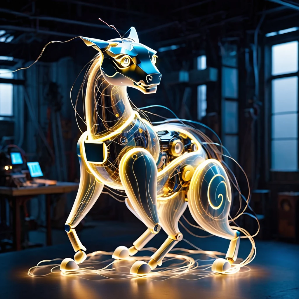 In the futuristic workshop, A robotic puppet carefully weaves together glowing threads of energy., They form intricate patterns that ripple and change over time..