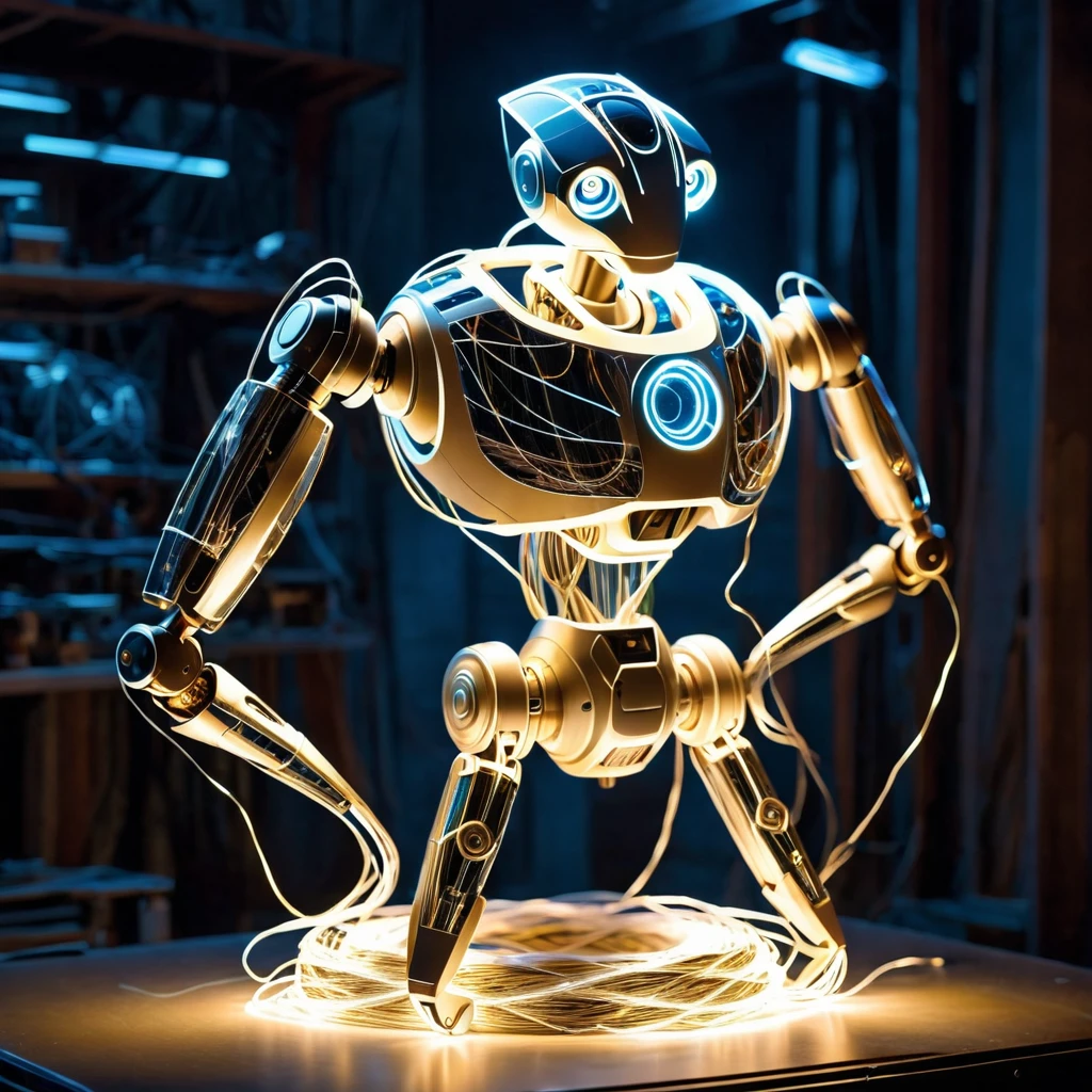 In the futuristic workshop, A robotic puppet carefully weaves together glowing threads of energy., They form intricate patterns that ripple and change over time..