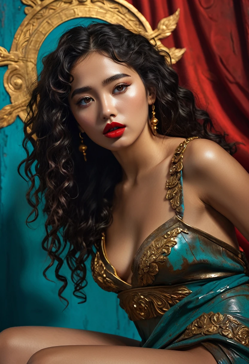 [(best quality, highres, masterpiece:1.2), A half-asian half greek female human sacrifice, bronze skin, inthe style of Boris Valloje, full body portrait, sharp focus, vivid colors, detailed facial features, black curly wavy hair, expressive eyes, full red lips, creative atmosphere, bursts of inspiration,, huge , long legs, teal, bronze, gold, slate, rust, water temple]