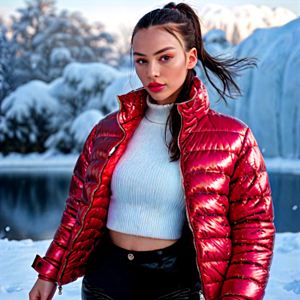Creates a hyper realis image of a ((full body woman)) with perfect African facial features, combed details in high definition, with nice expression, wearing ((Balenciaga puffer oversized style jacket:1.5 detailed red)) (((vivid color metallic reflective)), playing gracefully with a pistol in front of the camera with excellent lighting, hyper realistic natural landscape realistic colors of the snow environment, best quality, top quality, masterpiece, imaging, high resolution photography camera 100mm lens