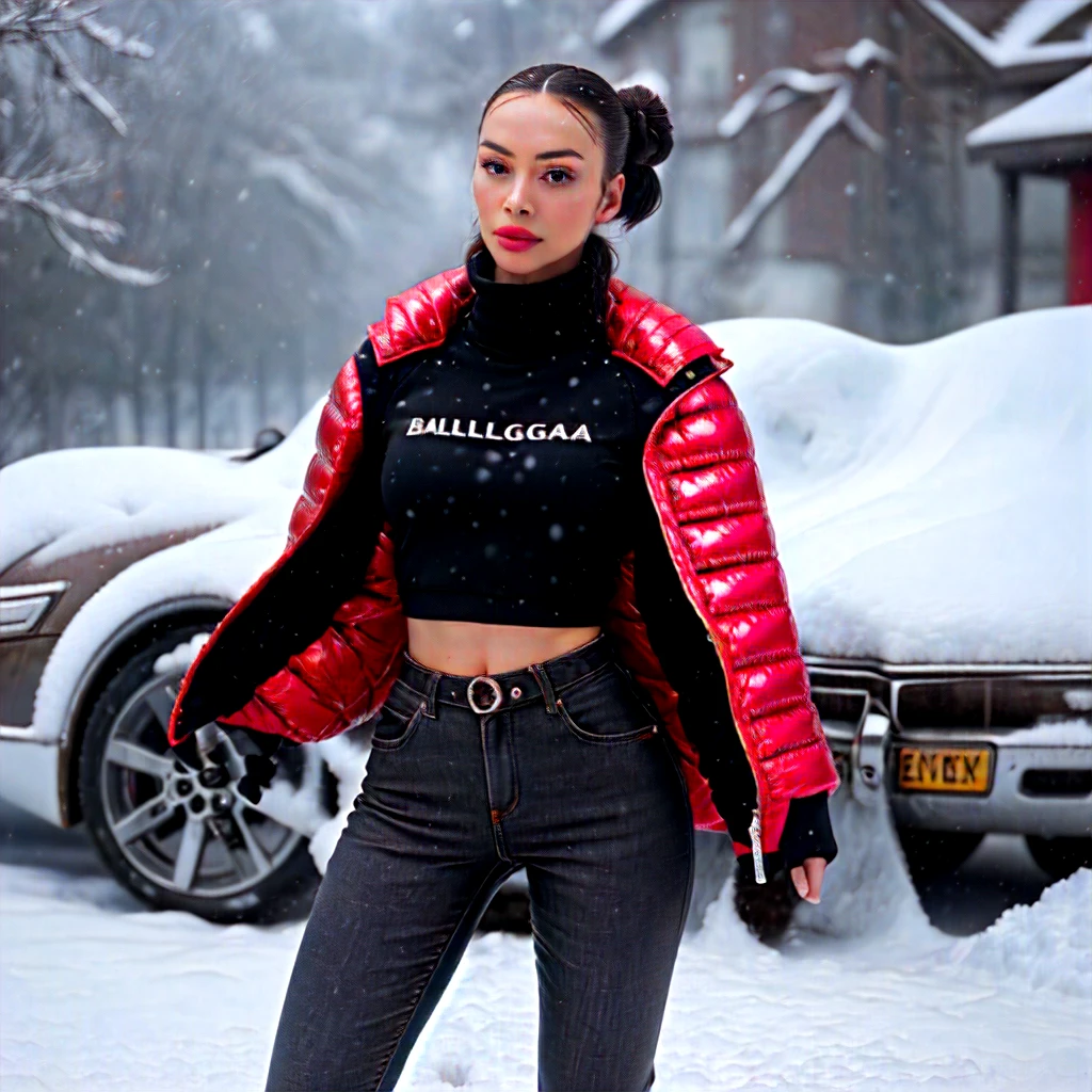 Creates a hyper realis image of a ((full body woman)) with perfect African facial features, combed details in high definition, with nice expression, wearing ((Balenciaga puffer oversized style jacket:1.5 detailed red)) (((vivid color metallic reflective)), playing gracefully with a pistol in front of the camera with excellent lighting, hyper realistic natural landscape realistic colors of the snow environment,  best quality, top quality, masterpiece, imaging, high resolution photography camera 100mm lens