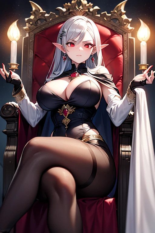 masterpiece, extra limbs, 1vampire lady, 250 years old,((light silver extra long hair)), slant blank ruby red eyes, big breasts, curvy,(pale white finely detailed skin), (serious),(((clothed Necromancer))),hair ornaments,earrings,cape,Grimoire,crossed legs,sitting on throne,old castle,midnight