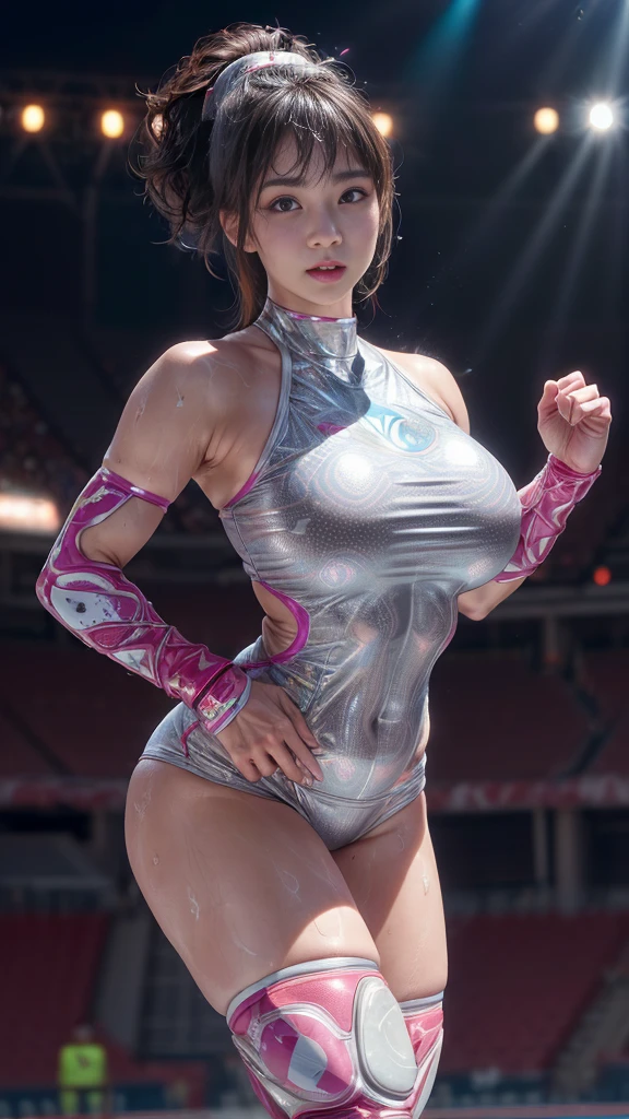 Female professional wrestler、Fighting Pose、smile、((On the Ring))、((Spotlight))、(((large stadium)))、((Super big breasts))、(Saggy breasts)、((Ultra tight uniform))、Wristband、(((A flashy costume with a bizarre pattern)))、((Elbow Support))、((Knee support))、Taping on fingers、I can see your abuscular、Hairstyle with bangs、((Sweat))、((Match venue))、Very beautiful woman、((Female Athletes))、(Detailed face)、Realistic skin、((Delicate photo))，(Girl Masterpiece RAW Photo Details:1.25), (Highest quality:1.6), (Ultra-high resolution:1.5), (Realistic:1.75), 8K resolution, Canon EOS R5, 50mm, Absurd, Ultra-detailed,Cinema Lighting、