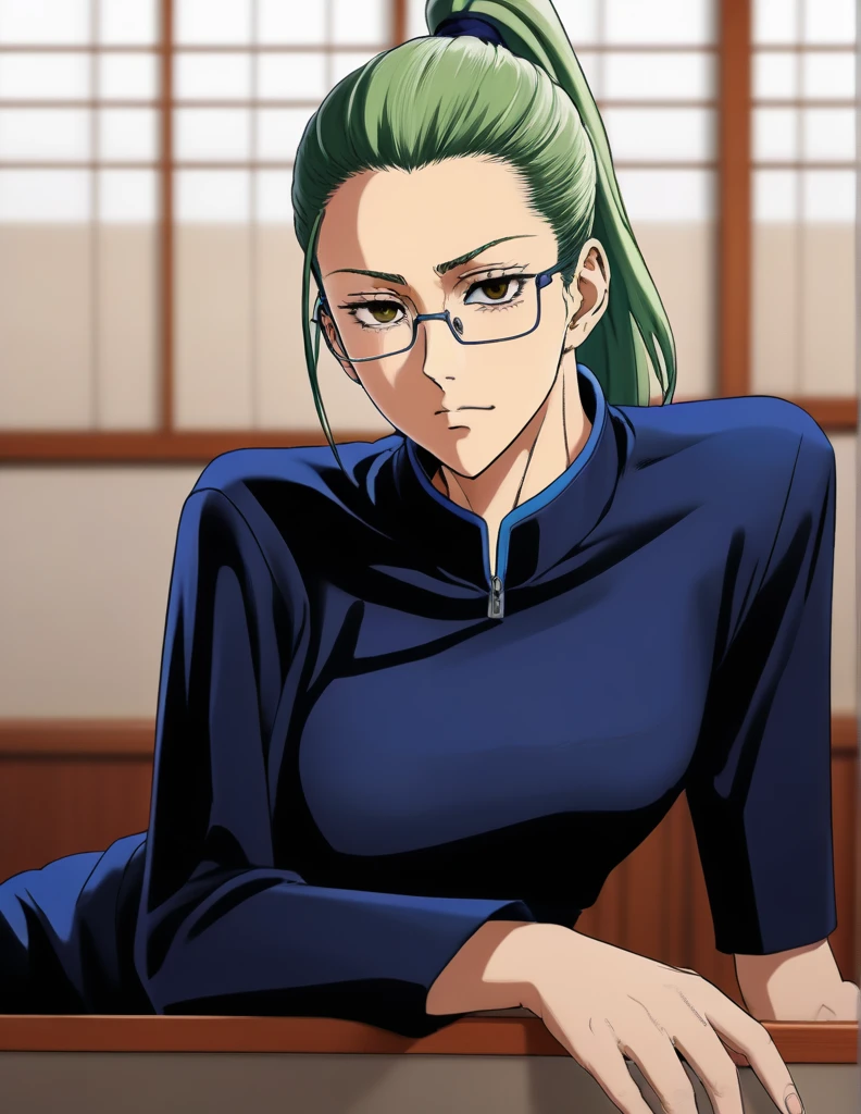 score_9, score_8_up, score_7_up, source_anime,
MakiZenin, Maki Zenin, green ponytail hair, glasses, yellow eyes,
blue tight skirt, blue tight jacket, jujutsu kaisen uniform,
indoors, dojo, seductive pose,
solo, looking at viewer, 