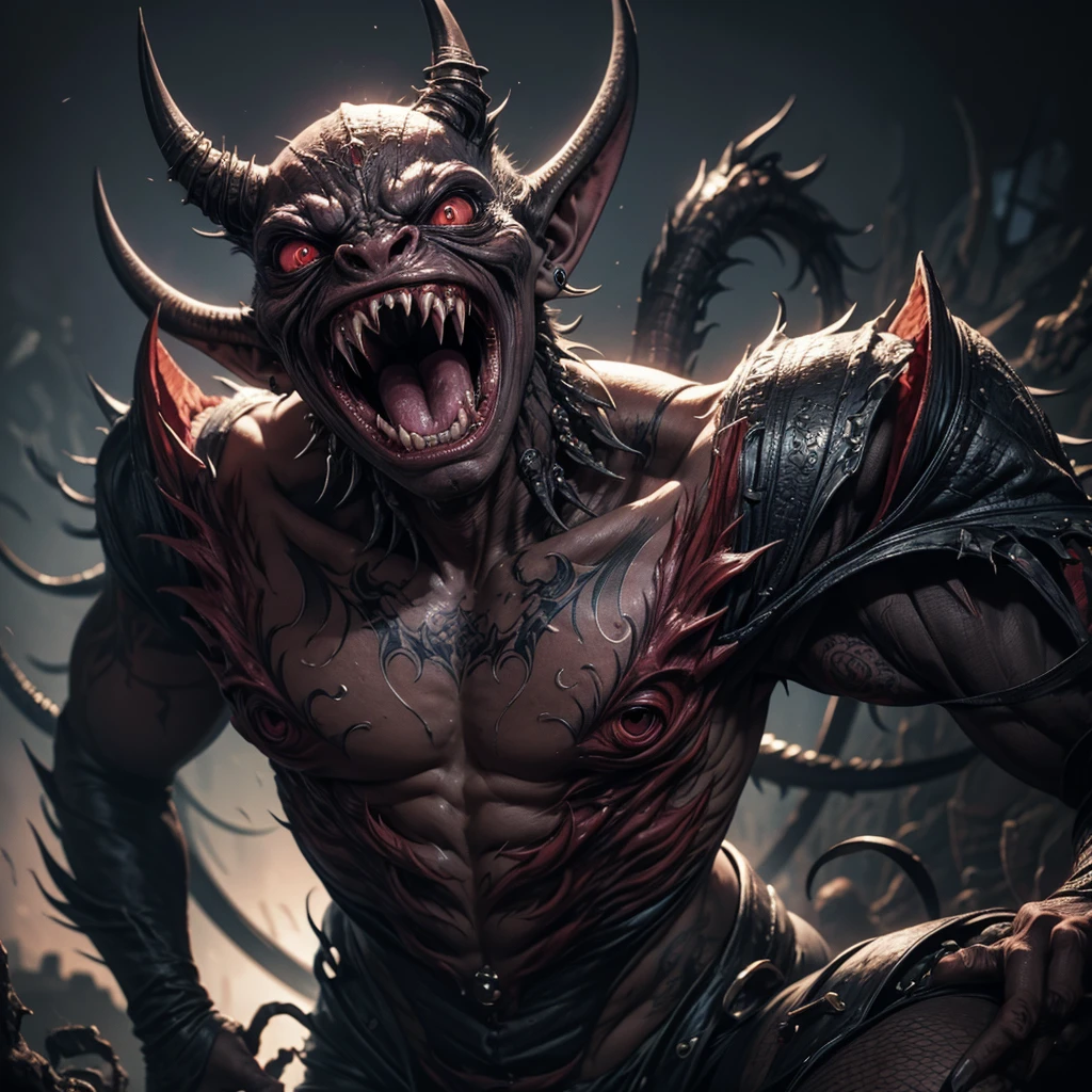 a pale white angry male demon monster with big horns, wings and a great axe, rock skin, hyperdetailed, highly detailed, hyper realistic, octane render, 8k, photorealistic, 3d render, unreal engine, cinematic lighting, dark fantasy, chiarascuro lighting, dramatic shadows, detailed facial features, sharp focus, ultra detailed