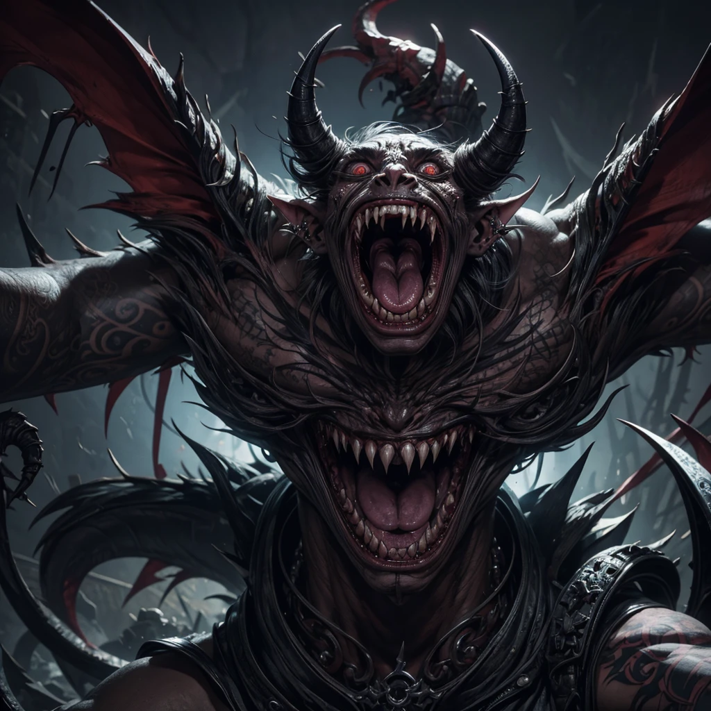 A demonic creature screaming at the camera with its mouth wide open, the creature has large eyes, pointed teeth, pointed ears, has tattoos and piercings, behind him a bad neighborhood