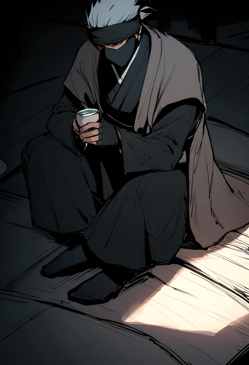 kakashi and genma drinking sake and sitting on floor
